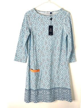 Cabana Life NWT Blue White UPF 50 Shift Dress Long Sleeve Resort Tunic Dress